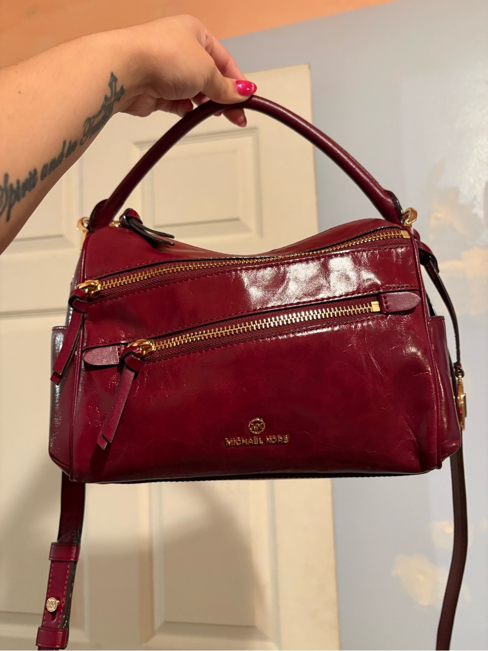 Michael Kors Rare Lorimer Satchel Burgundy/Deep Berry w/ Gold Accents NEW - Picture 1 of 9